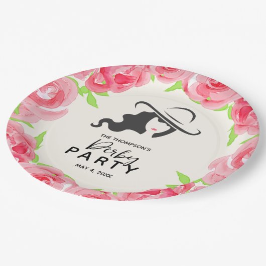 Derby Party Big Hat und Rose Pappteller (Schrägansicht)