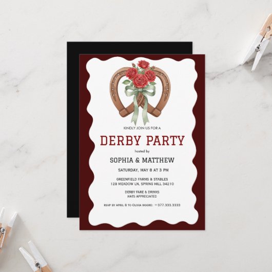 Derby Party Invitation Rustic Horseshoe Roses Einladung (Vorderseite/Rückseite Beispiel)