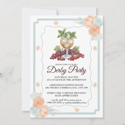 Derby Party Invitation with Horse & Floral Art Einladung (Vorderseite)