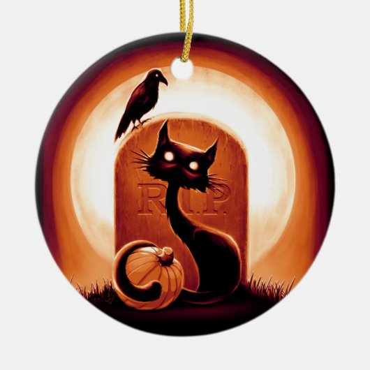 Derpy Halloween Cat von einem Grabstein Keramik Ornament (Vorne)
