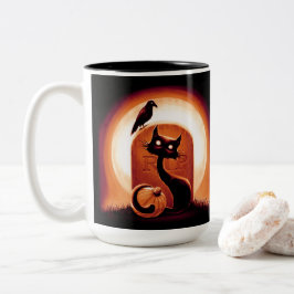 Derpy Halloween Cat von einem Grabstein Zweifarbige Tasse