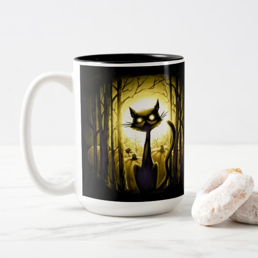 Derpy Little Halloween Cat in einem Pumpkinpflaste Zweifarbige Tasse (Mit Donut)