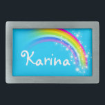 Des Buchstaberegenbogens des Namens 6 helle blaue Rechteckige Gürtelschnalle<br><div class="desc">Genannte RegenbogenGürtelschnalle,  z.Z. liest,  Karina oder personifiziert mit dem Namen Ihrer Wahl (nur bis 6 Buchstaben). Entwerfen Sie inspiriertes von den vielen schönen Regenbogen hier in Victoria,  Australien. Einzelteil ausschließlich entworfen von Sarah Trett.</div>