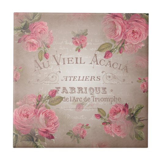 Des französischen Vintagen BlumenRose Rosen-Rosas Fliese (Vorderseite)