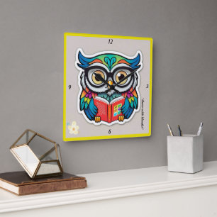 "Des literarischen Nest des Uhus" Quadratische Wanduhr