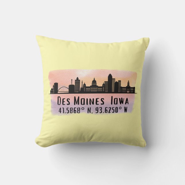 Des Moines IA City Skyline Latitude und Longitude Kissen (Vorderseite)