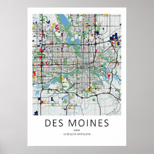 Des Moines Iowa Karte Poster Saubere Kartenkunst