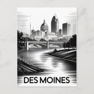 Des Moines Iowa Skyline Schwarz Weiß Holzschnitt Feiertagspostkarte