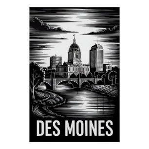 Des Moines Iowa Skyline Schwarz Weiß Holzschnitt Poster