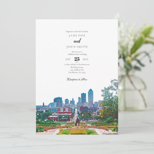 Des Moines Skyline Wedding Einladung (Stehend Vorderseite)