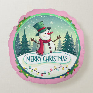 Des Schneemanns fröhliche Weihnachtsbegrüßung Rundes Kissen