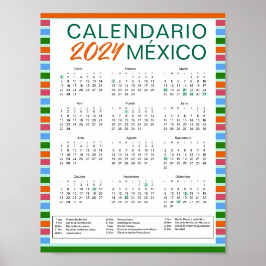 Descargar Calendario Mexicano Español 2024 Mexiko Poster (Vorne)