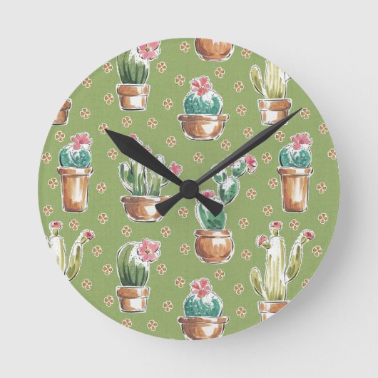 Desert Bloom Step | Green Pattern Runde Wanduhr (Vorderseite)