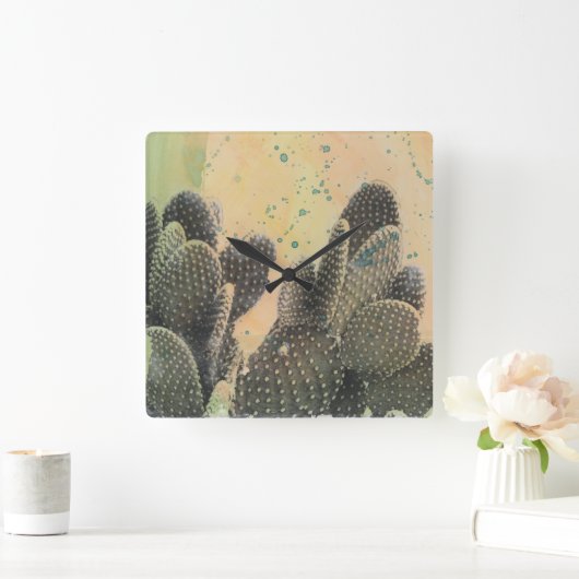 Desert Cactus | Grüner Spritzer Quadratische Wanduhr (Zuhause)