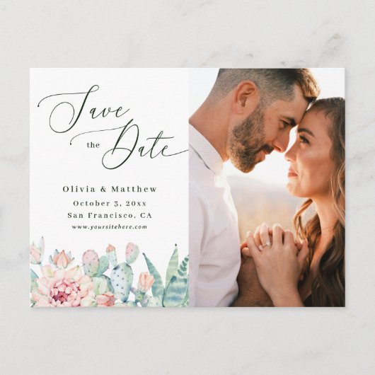 Desert Cactus Photo Save the Date. Elegant Wedding Postkarte (Vorderseite)