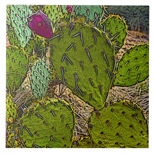 Desert Cactus Prickly Pear Decorative Digital Art Fliese (Vorderseite)
