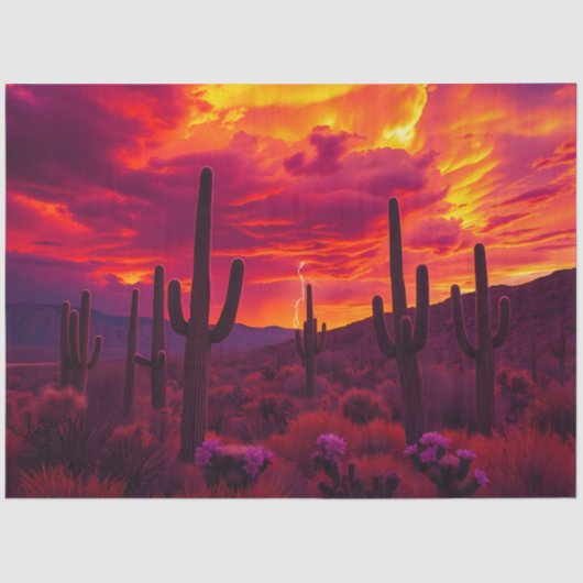 Desert Cactus Sunset Lightning Dramatic Southwest Seidenpapier (Vorderseite)