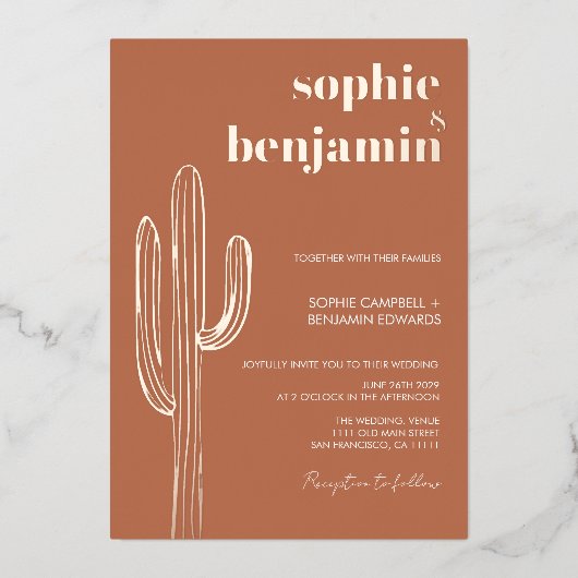 Desert Cactus Terracotta Retro Wedding Rose Gold Folieneinladung (Vorderseite)