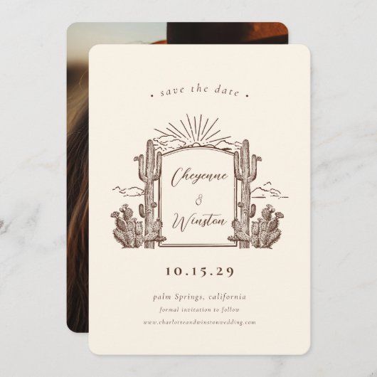 Desert Cactus Western Monogram Save the Date Einladung (Vorne/Hinten)