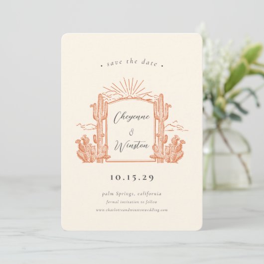 Desert Cactus Western Monogram Save the Date Einladung (Stehend Vorderseite)