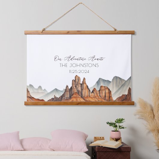 Desert Canyon Unique Watercolor Wedding Gästebuch Wandteppich Mit Holzrahmen (Schlafzimmer)