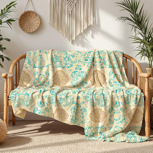 Desert Dream Vintage Sand & Türkis Blüten Fleecedecke
