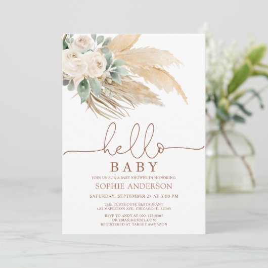 Desert Greenery Boho Pampas Grass Baby Dusche Einladung (Stehend Vorderseite)