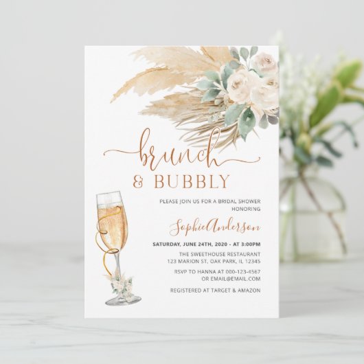 Desert Greenery Boho Pampas Grass Brunch & Bubbly Einladung (Stehend Vorderseite)
