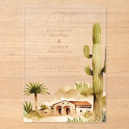 Desert Hacienda Wedding Style Acryleinladungen (Vorderseite)