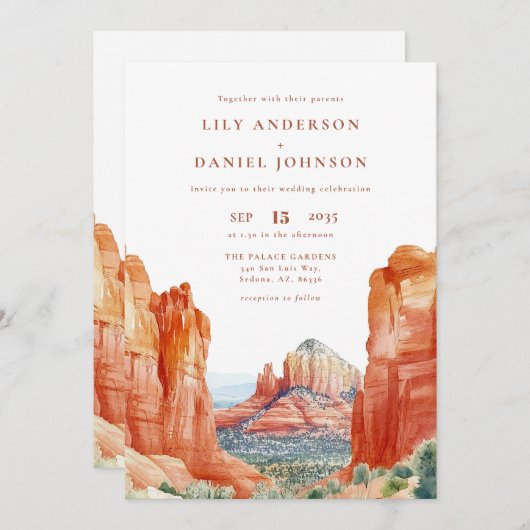 Desert Mountain Watercolor QR Code Wedding Einladung (Vorne/Hinten)