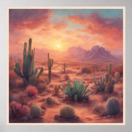 Desert Sequoia Cactus Colorful Sunrise Art Poster