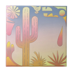 "Desert Serenity" (Kaktus & Bird Illust) Fliese