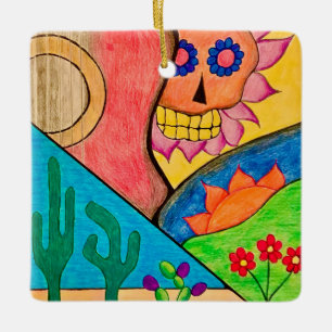 Desert Skull Christmas Cactus Folk Art Keramikornament
