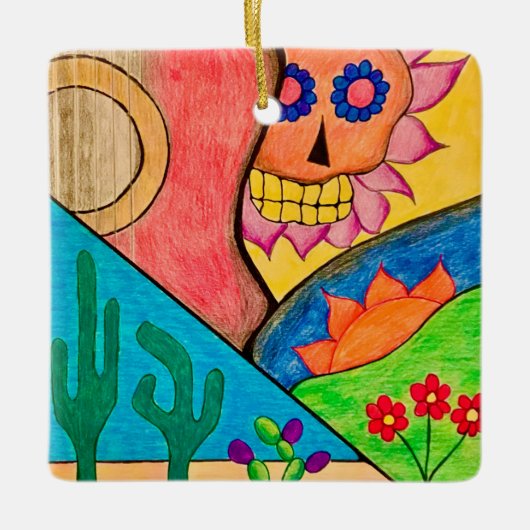 Desert Skull Christmas Cactus Folk Art Keramikornament (Vorderseite)