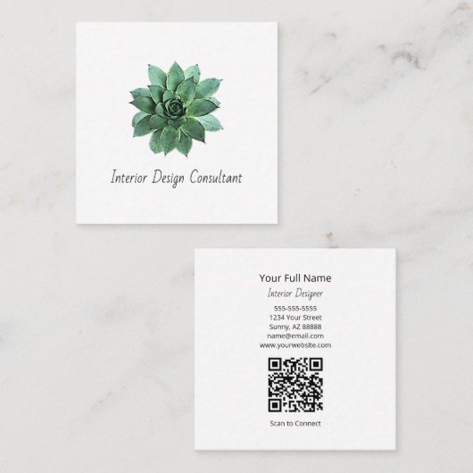 Desert Succulent QR code Interior Designer  Quadratische Visitenkarte (Vorne/Hinten)