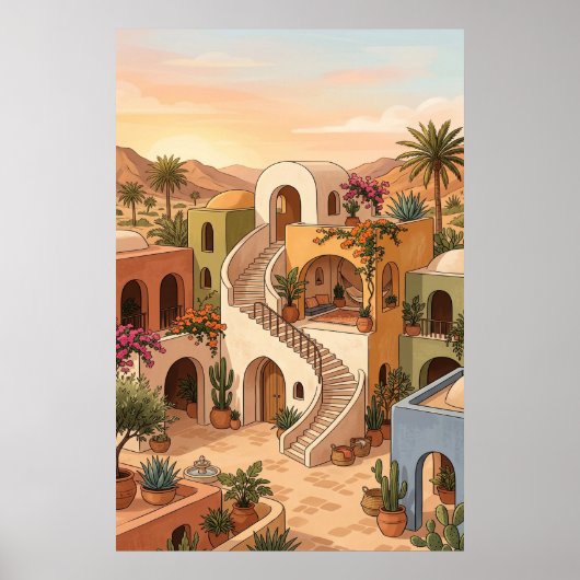 Desert Village Sunset Art - Boho Colorful Houses Poster (Vorne)