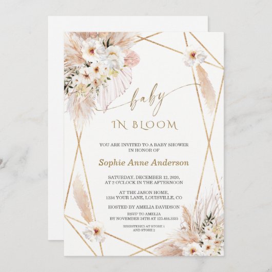 Desert White Roses Gold Blätter Baby in Bloom Einladung (Vorne/Hinten)