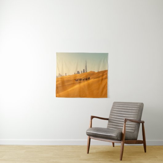 Deserts Dubai | Skyline View with Camels Wandteppich (Beispiel (Horizontal))