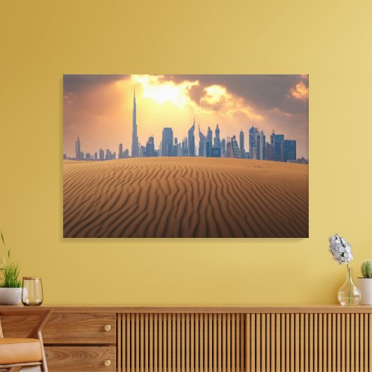 Deserts | Dubai's Skyline View from Sand Dune Leinwanddruck (Insitu (Wohnzimmer))