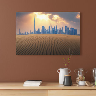 Deserts   Dubai's Skyline View from Sand Dune Leinwanddruck