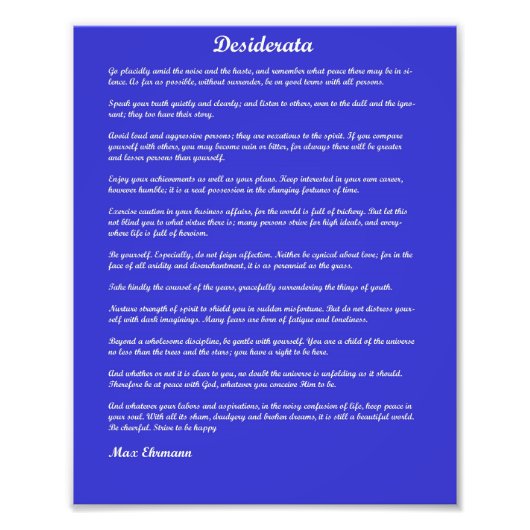 Desiderata Gedicht auf blauem Hintergrund Fotodruck (Vorne)