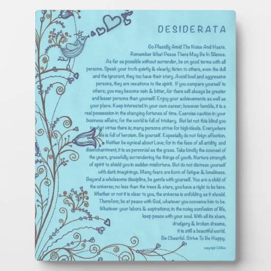 Desiderata Gedicht mit dem Bluebird of Happiness Fotoplatte (Vorderseite)