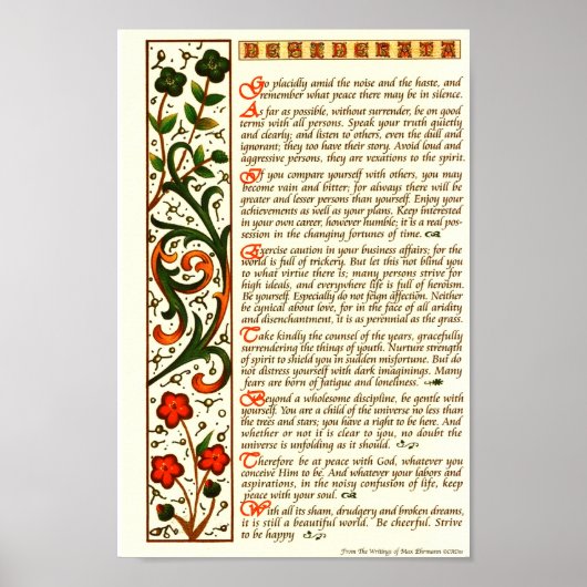 Desiderata Gedicht von Max Ehrmann Handkalligraphi Poster (Vorne)