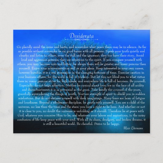 Desiderata Inspirationsgedicht mit mystischem Baum Postkarte (Vorderseite)
