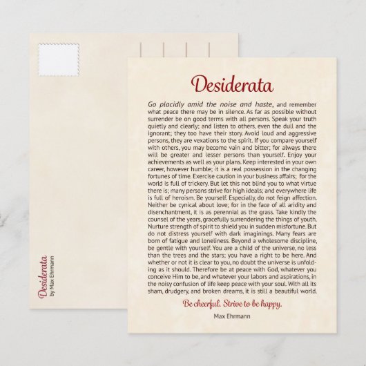 Desiderata Postkarte | Desiderata Mini Kunst (Vorne/Hinten)