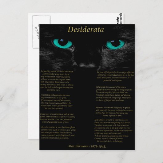 Desiderata schwarze Katze mit ihren türkisfarbenen Postkarte (Vorne/Hinten)