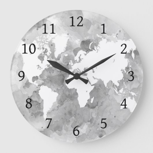 Design 49 Graue Weltkarte Große Wanduhr (Vorderseite)