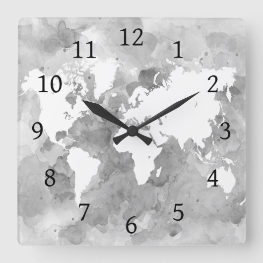 Design 49 World Map Grayscale Quadratische Wanduhr (Vorderseite)