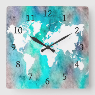 Design 62 Weltkarte Aqua Türkis Quadratische Wanduhr