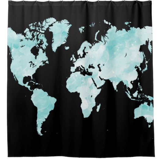 Design 72 Schwarz Aqua Blue World Map Duschvorhang (Vorderseite)